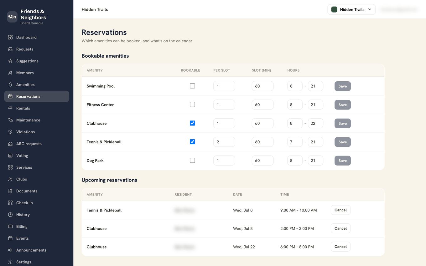 Board console reservations calendar